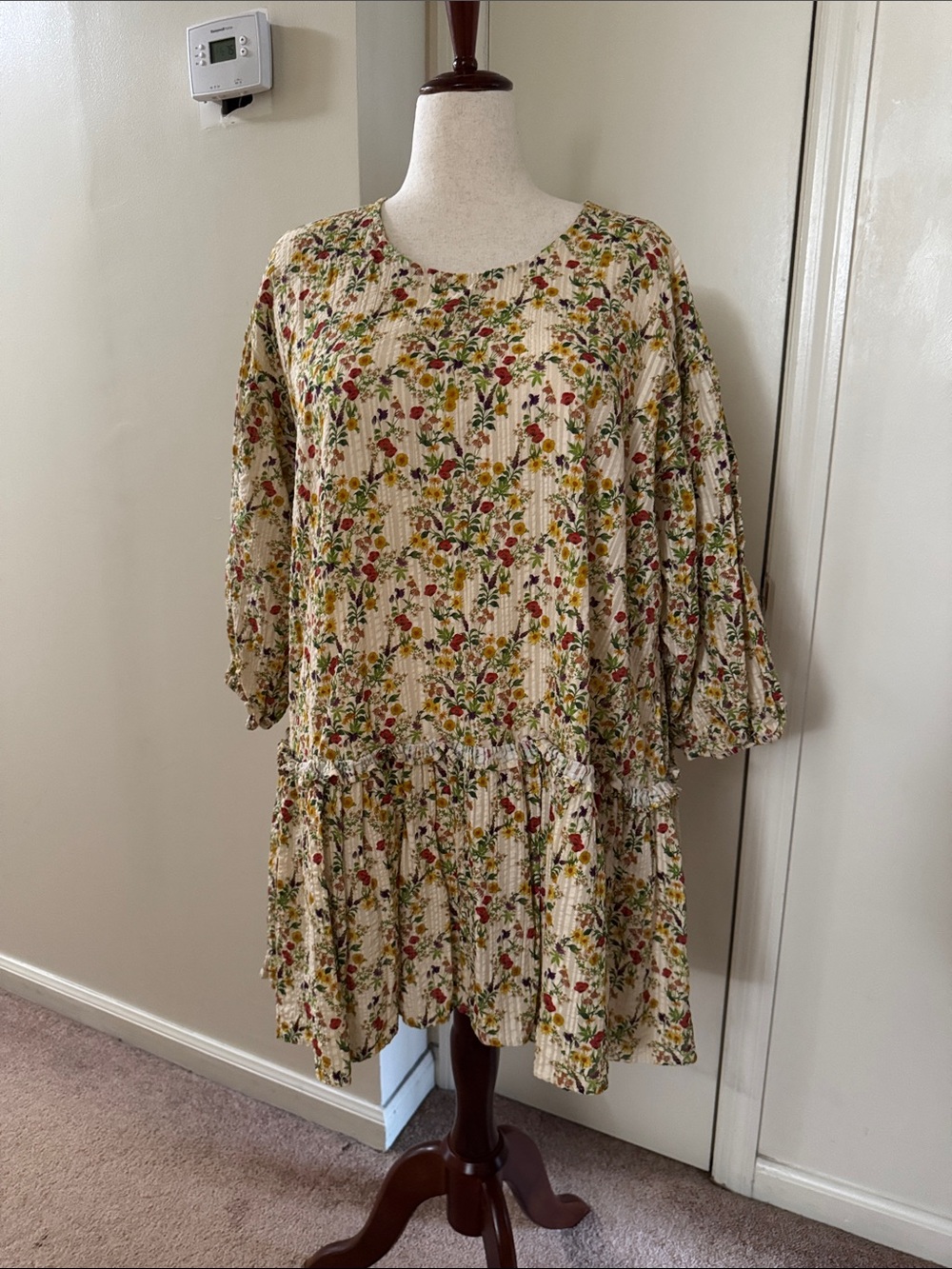 Bohemian Traders Cream Floral Peplum Blouse with Red & Yellow Blooms